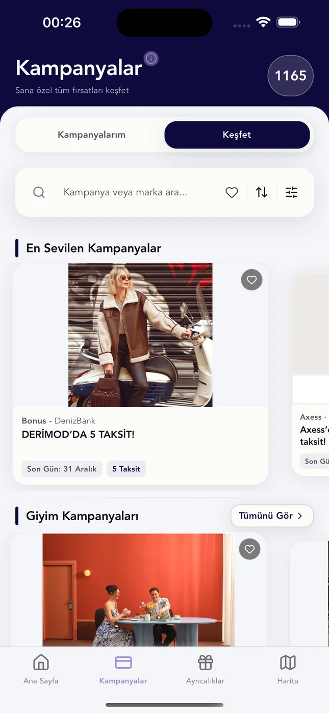 Kampanyalar ekranı: Keşfet sekmesinde kategori kategori listelenen banka kampanyaları