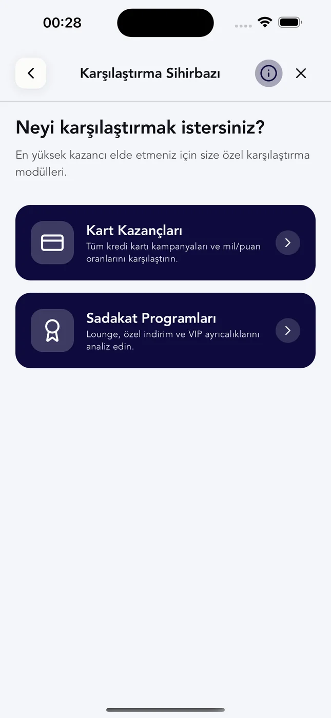 Karşılaştırma sihirbazı: kart kazançları mı sadakat programları mı karşılaştırılacağını soran adım